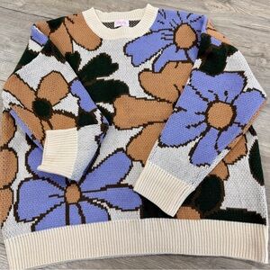 Pink Lily Floral Knit Sweater - Cream, Purple, Brown